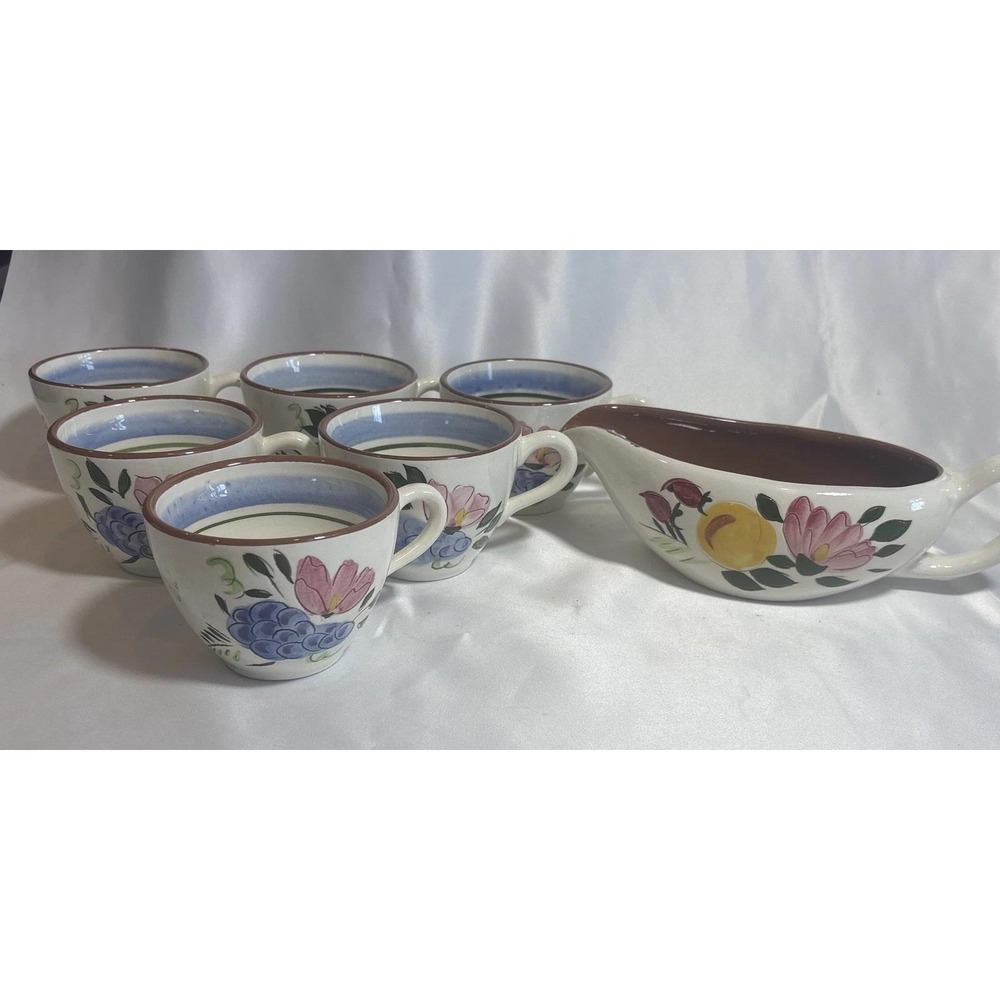 Vintage Set Of 6 Stangl Pottery Co. Fruit & Flowers Ceramic Mugs And Gravy Boat
